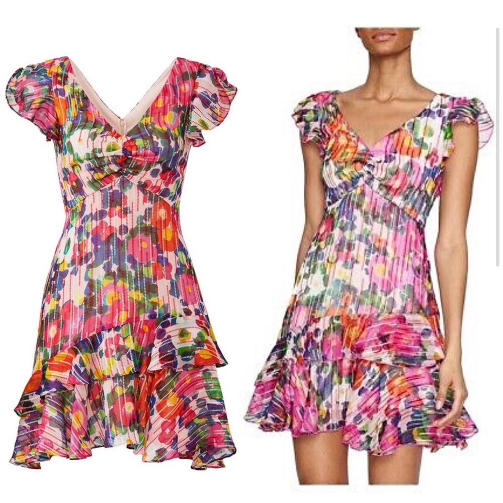 SALONI Silk Floral Flutter Sleeve Tiered Ruffle Embroidered V-Neck Dress Size 10